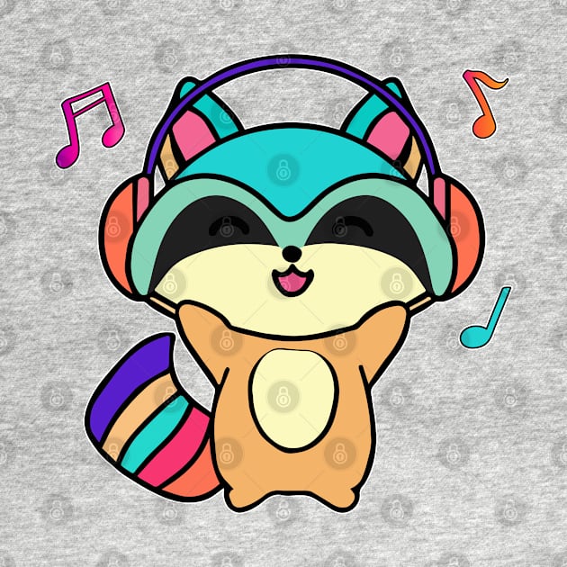 Happy smiling baby raccoon with headphones. Kawaii cartoon by SPJE Illustration Photography
